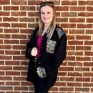 Umgee corduroy black button down multicolored sequin top